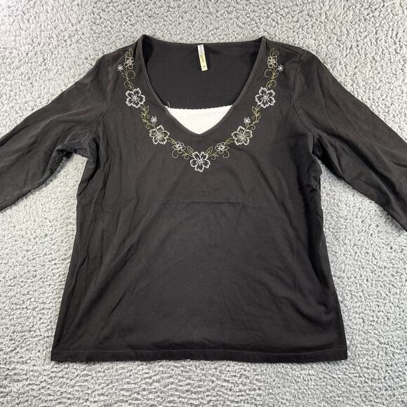 White Stag Tops - WHITE STAG TOP WOMENS LARGE BLACK FLORAL V NECK 3/4 SLEEVE Y2K COTTON SHIRT